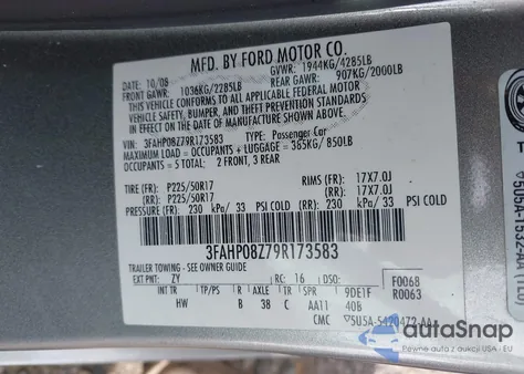 2009 Ford Fusion Sel z USA, uszkodzony, nr VIN 3FAHP08Z79R173583